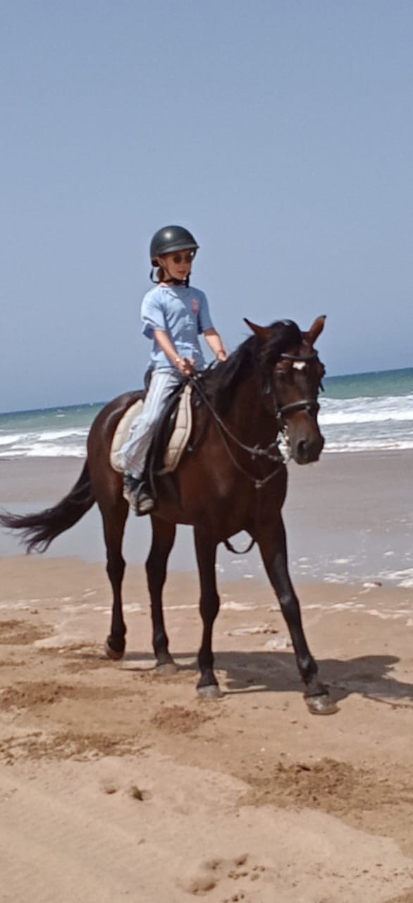 Child riding Assif at the water's edge